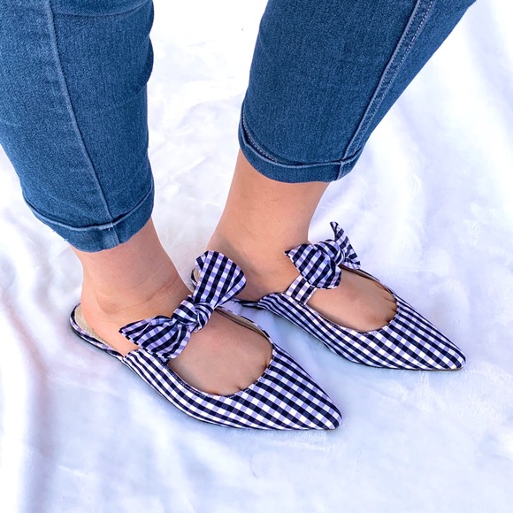 Shoes - New Retro Blue White Gingham Pointed Toe Bow Flats
